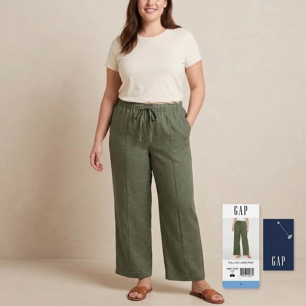 Coastal Capsule Linen GAP Pull-on Wide Leg Pants Olive Green Women's Large NWT